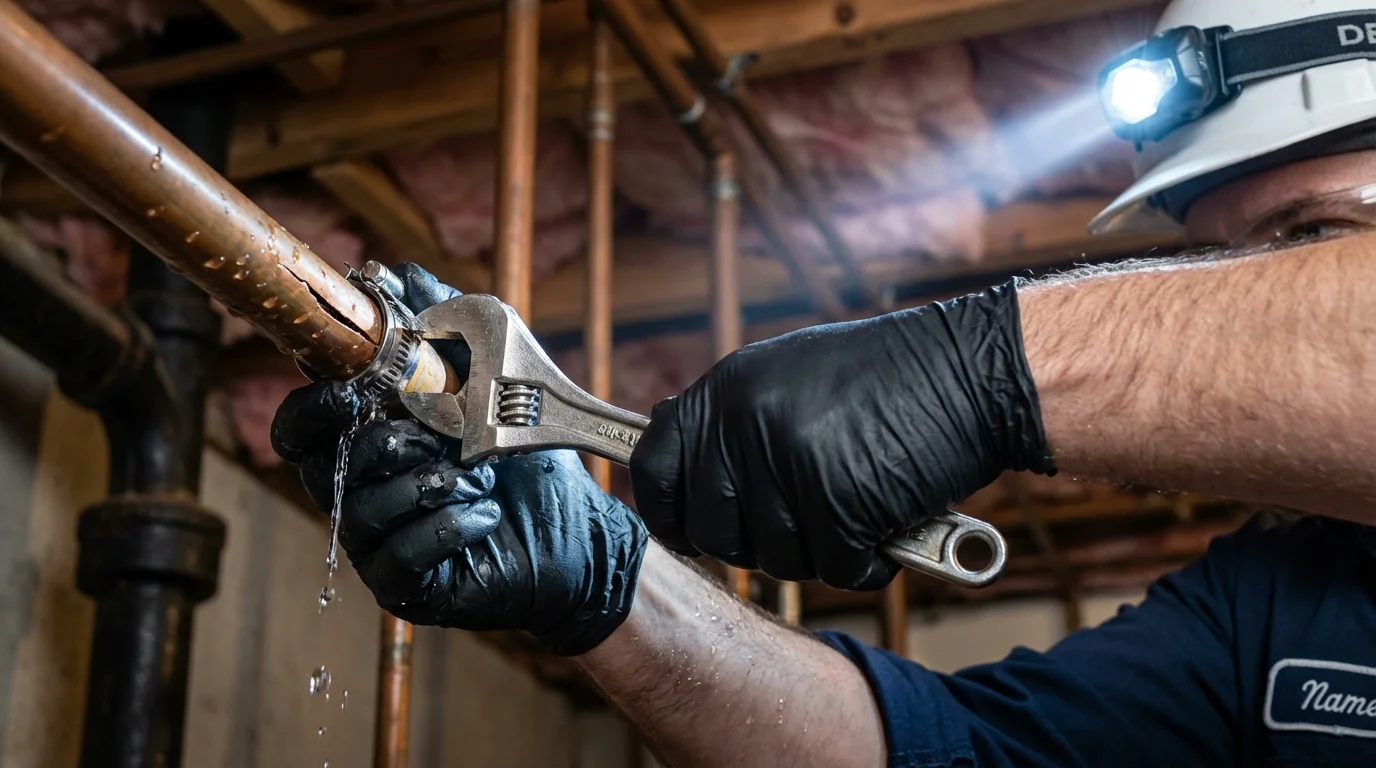 Emergency pipe clamp repair being performed by a Johns Plumbing LLC plumber in Tarentum