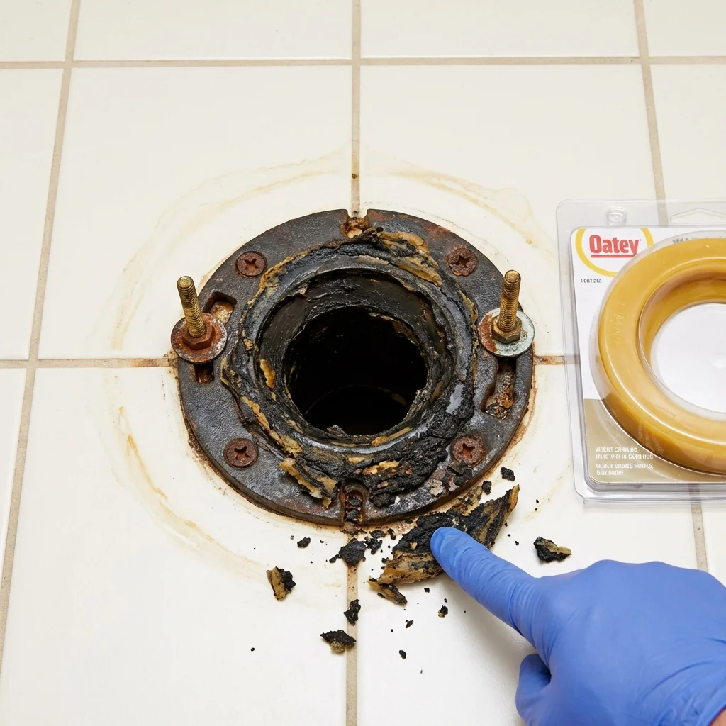 Failed wax ring showing water seepage at the base of a toilet in a Tarentum, PA home